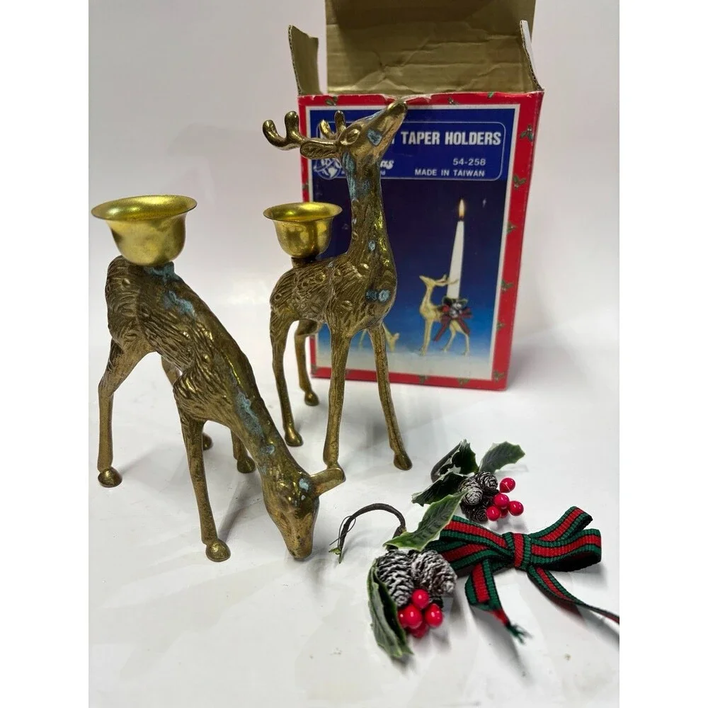 Vintage Brass Deer Taper Candle Holders Christmas Around the World Set of 2